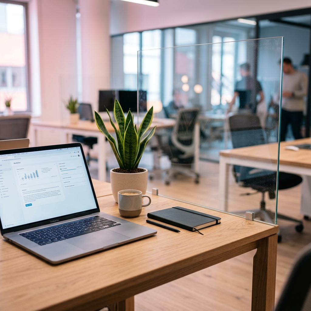 Pristine modern office workspace with clean glass partition