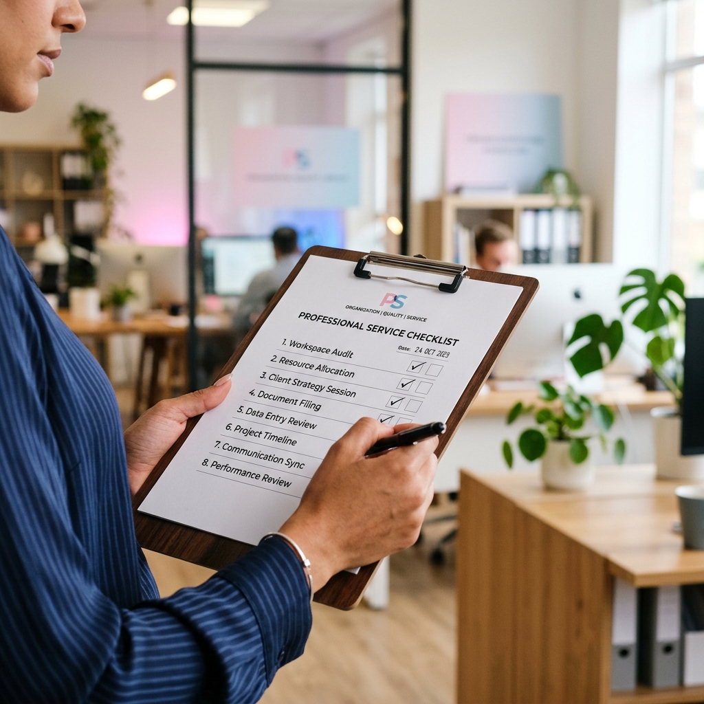 Professional checklist on clipboard representing organized commercial services
