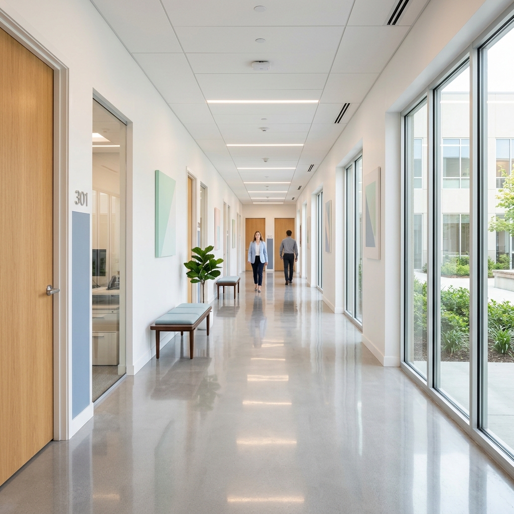 Bright and polished commercial hallway conveying consistency